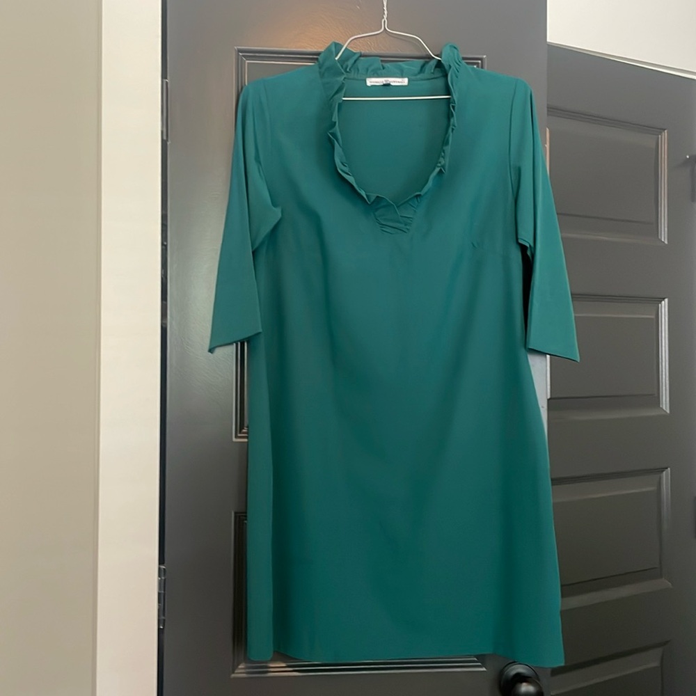 Elegant Teal Ruffled V-Neck Women’s Dress